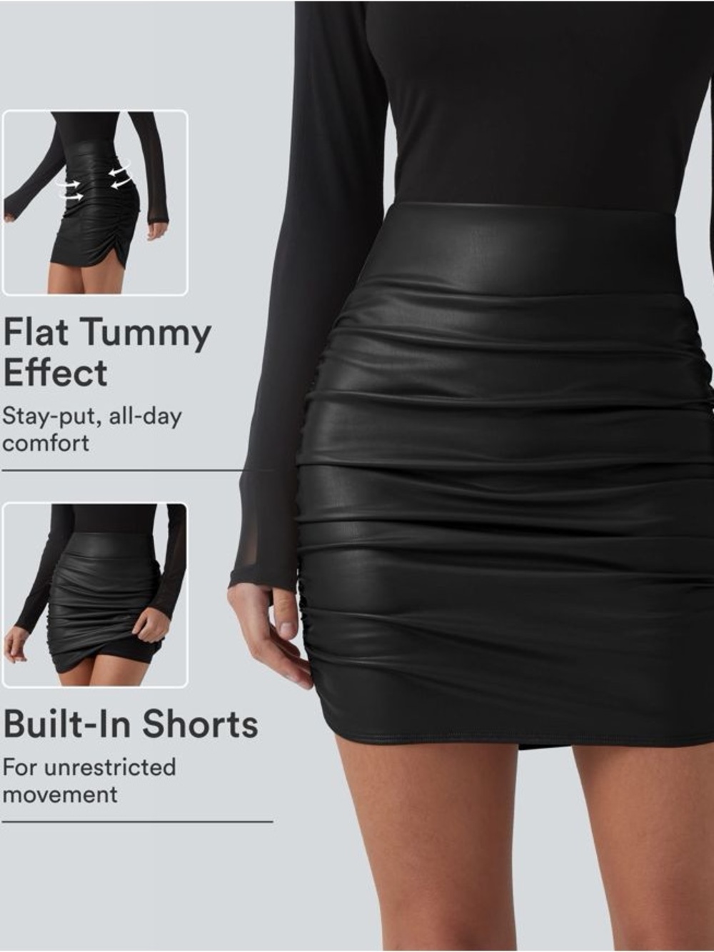 HALARA Black Ruched Faux Leather Long Mini Skirt w/ Built-In Shorts Medium NWOT